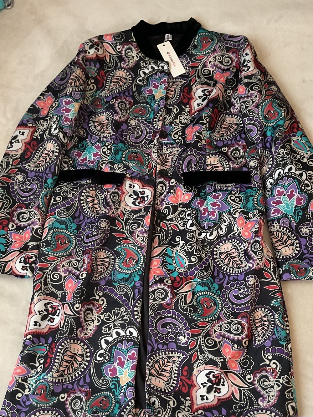 Womens Paisley-Print Long Trench Coat - Black Multicolor